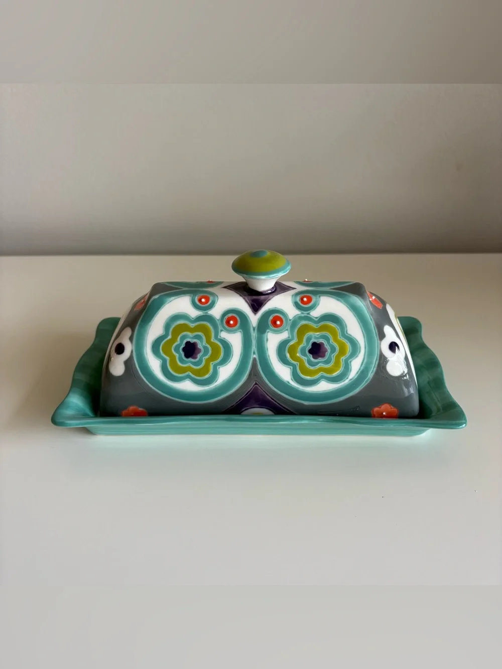 Anthropologie Okuno Hand Painted Floral Ceramic Butter Dish Teal Boho